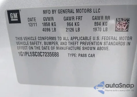 2012 Chevrolet Cruze 1Lt z USA, uszkodzony, nr VIN 1G1PL5SC0C7235688